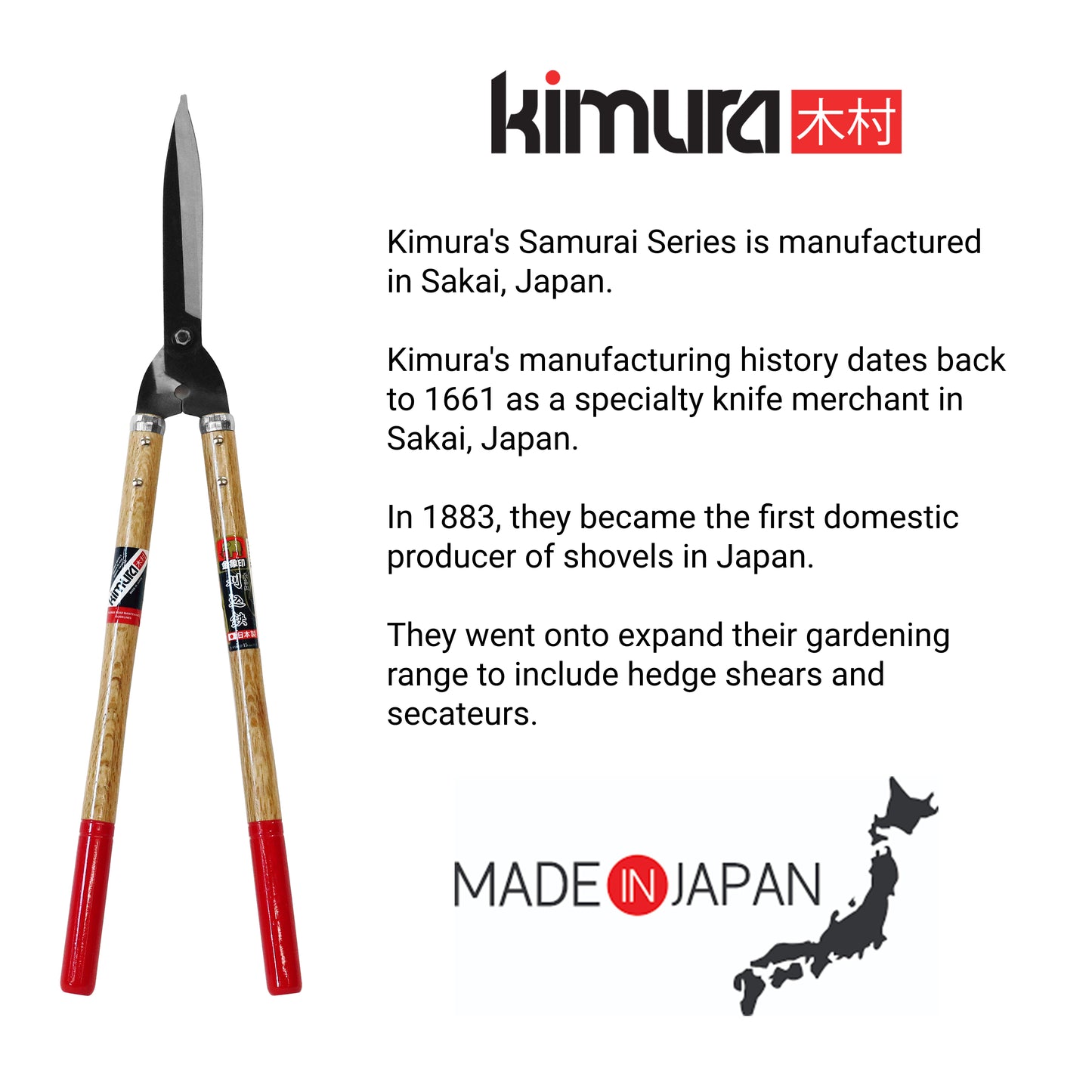 Kimura Samurai Long Handle Hedge Shears, Japanese SK Hi-Carbon Steel Blades, Made in Japan