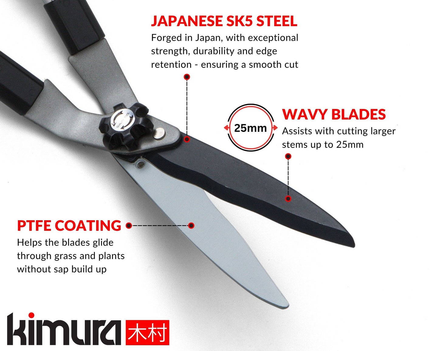 Kimura Pro Heavy Duty Lawn Shears - Wavy Japanese SK5 Steel Blades, Lightweight Handles, For Lawn Edging, 780-1180mm