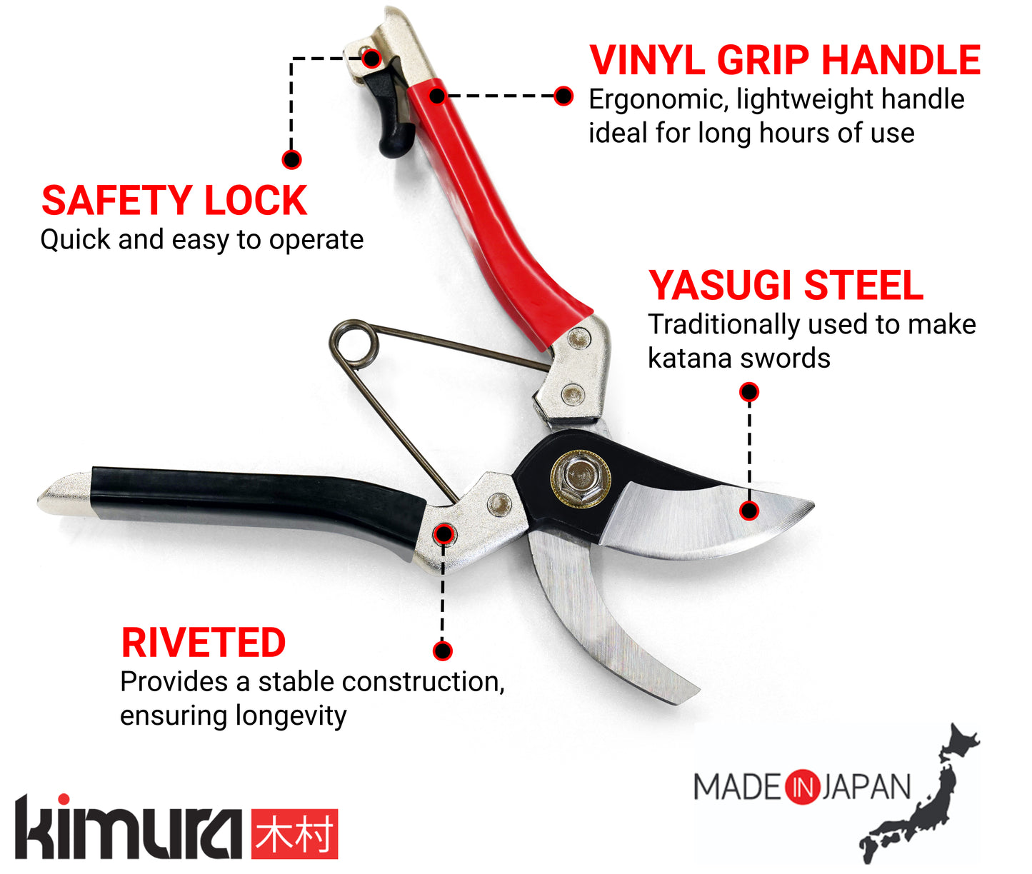 Kimura Samurai 8” Pruning Shears, Yasugi Steel, Made in Japan