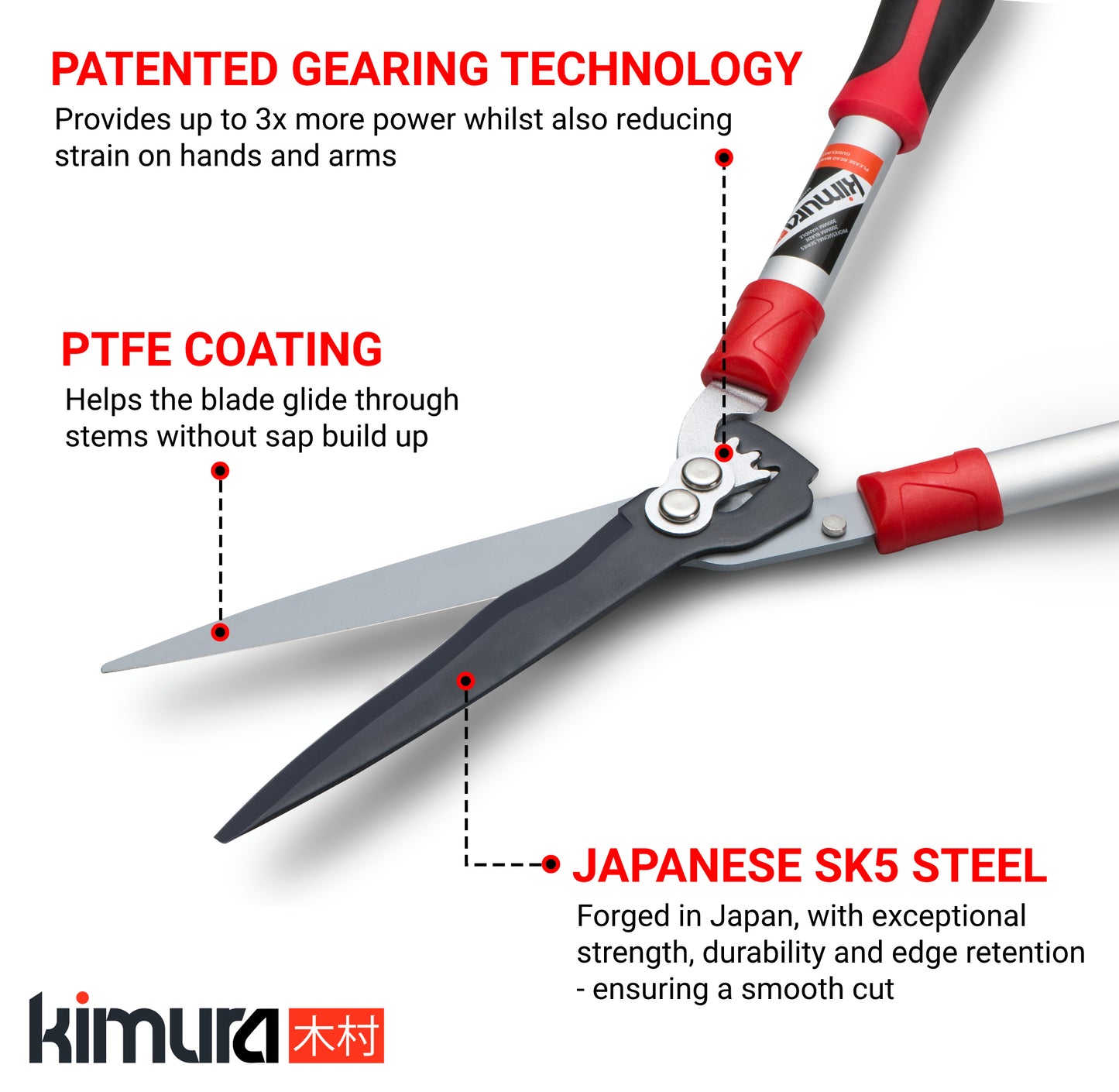 Kimura Pro Telescopic Hedge Shears, Japanese SK5 Steel Blades, Patented Gearing Technology